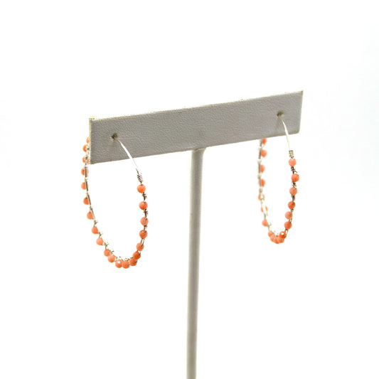 Gemstone coral and sterling silver hoops