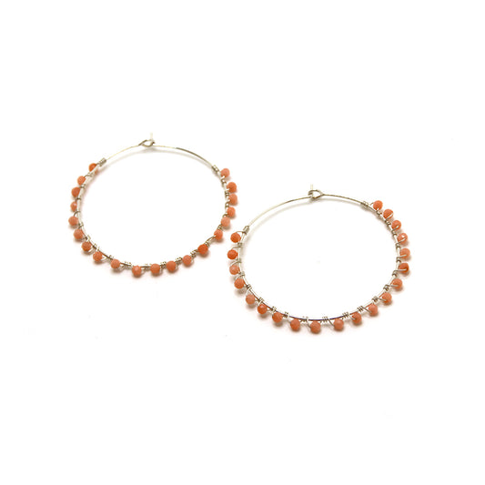 Gemstone coral and sterling silver hoops