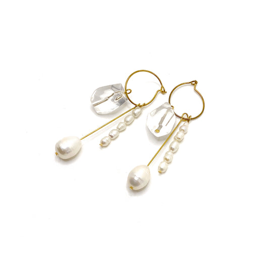 Mini hoop chandelier earrings with pearls and quartz
