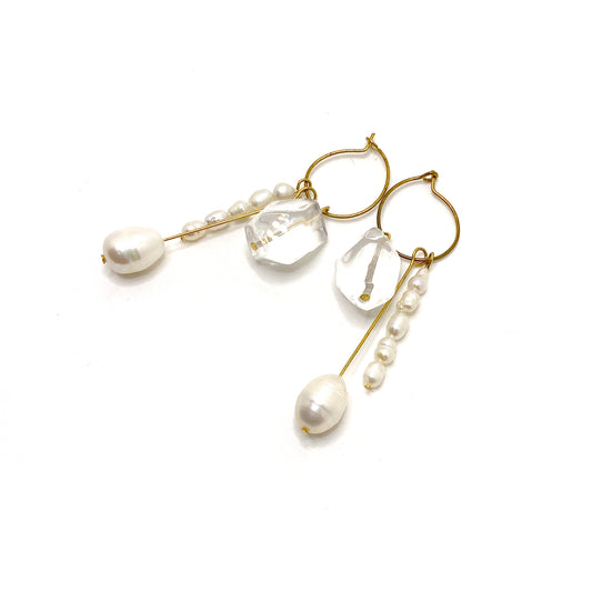 Mini hoop chandelier earrings with pearls and quartz