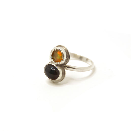 Ethiopian Opal and Smokey Quartz Sterling Silver Ring - Size 6.75