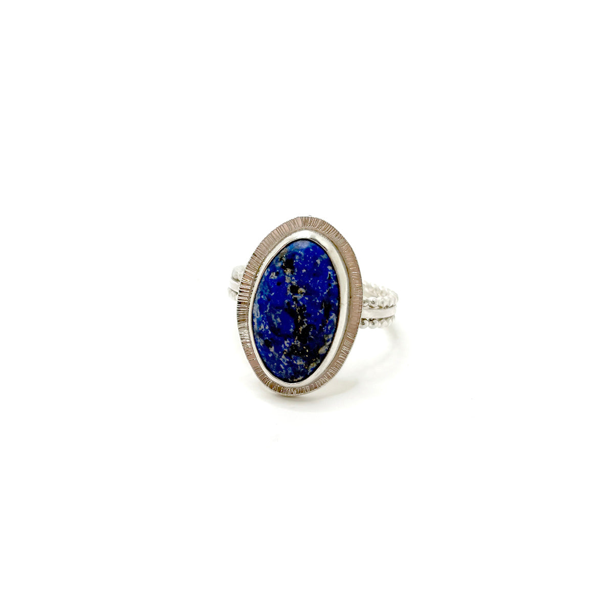 Blue sodalite ring with radiant halo and triple wire band size 12