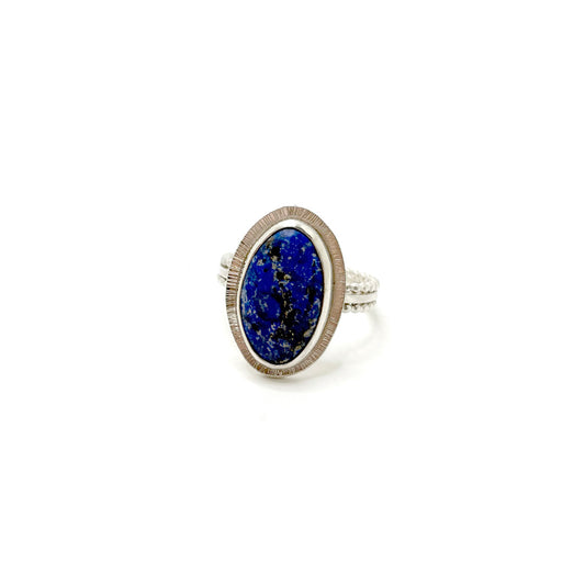 Blue sodalite ring with radiant halo and triple wire band size 12