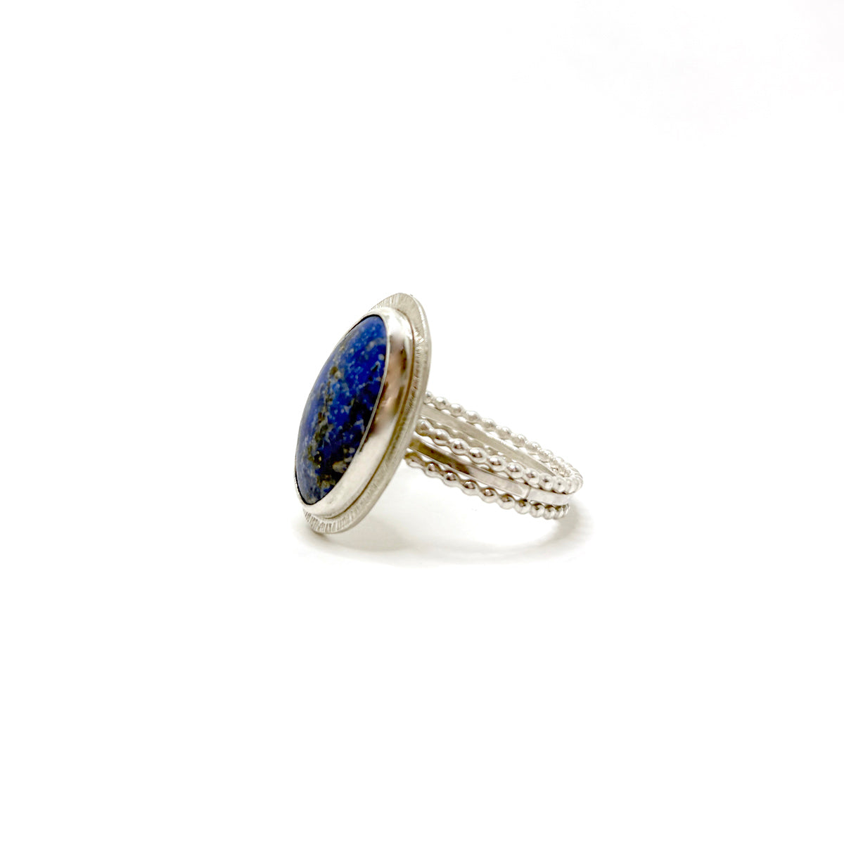 Blue sodalite ring with radiant halo and triple wire band size 12