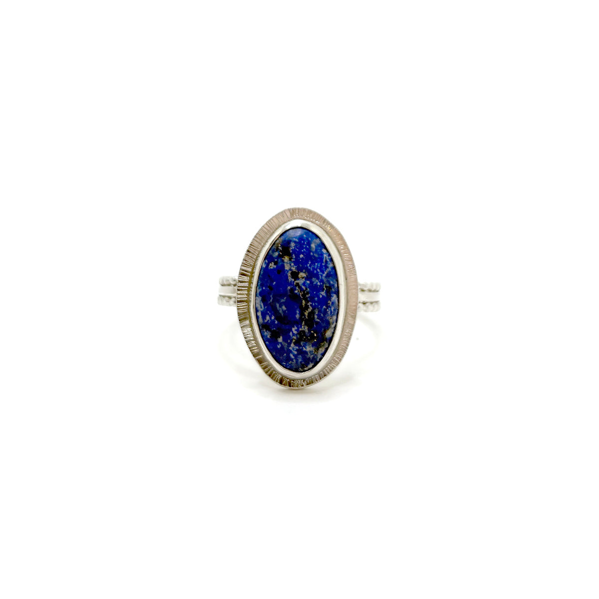 Blue sodalite ring with radiant halo and triple wire band size 12