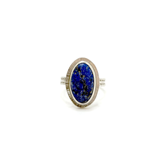 Blue sodalite ring with radiant halo and triple wire band size 12