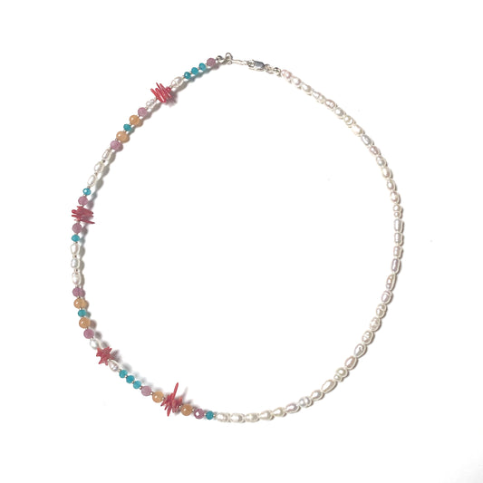 Beaded Pearl Coral and Gemstone Necklace