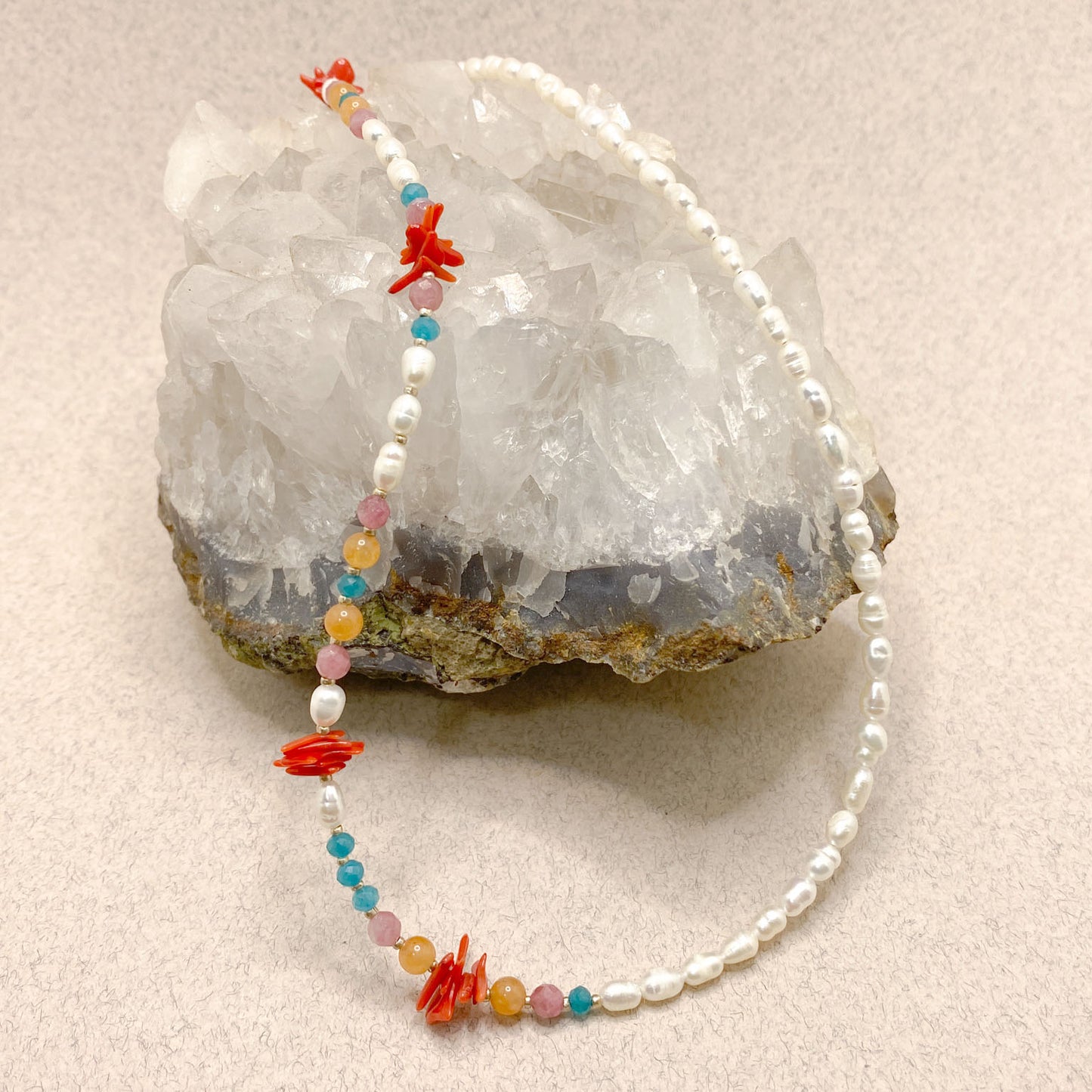 Beaded Pearl Coral and Gemstone Necklace