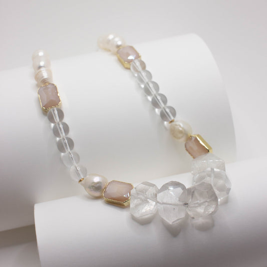 Quartz and Pearl Beaded Necklace with Peach Glass