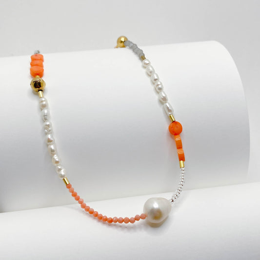 Beaded Coral and Pearl Necklace
