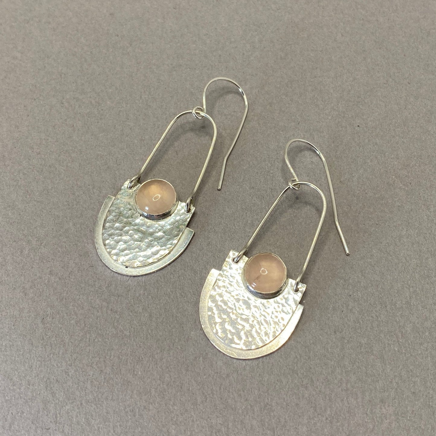 Art deco sterling silver hook chandelier earrings with rose quartz
