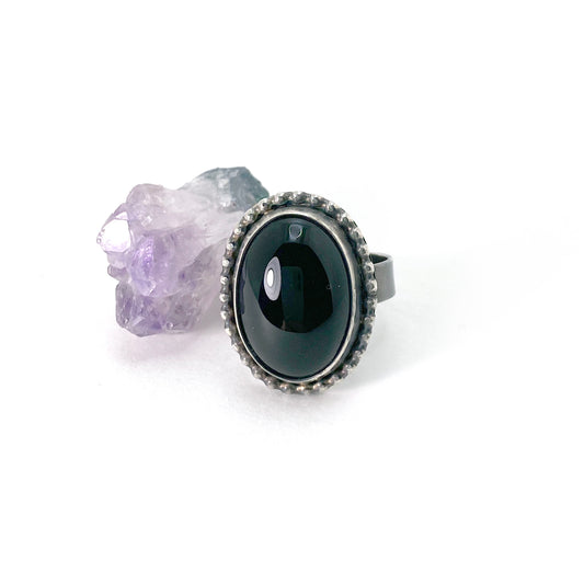 Onyx Ring with Oxidized Sterling Silver - Size 6.5