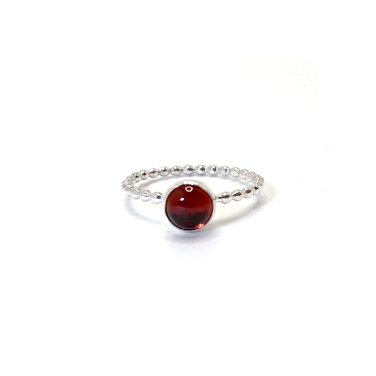 Red garnet gemstone ring with beaded sterling silver wire band
