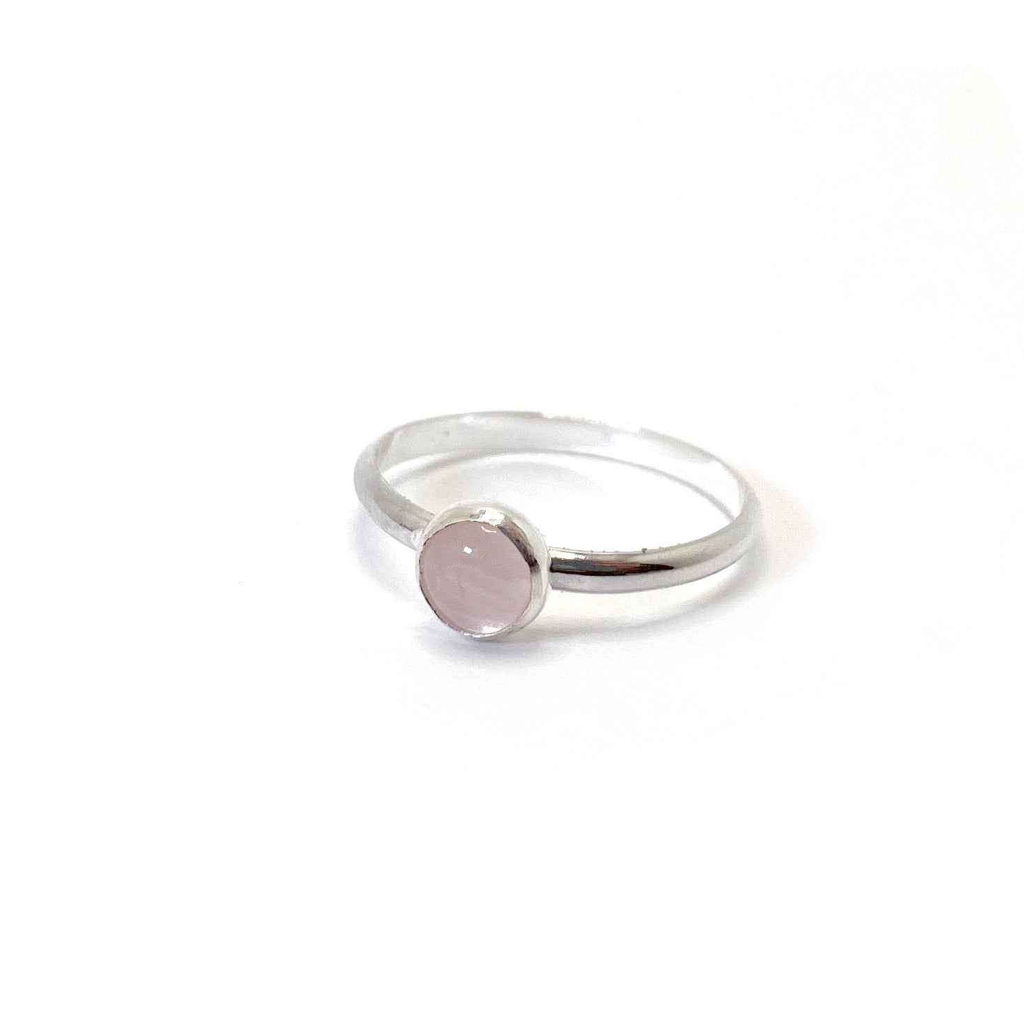 Simple 6mm round rose quartz gemstone stacker ring in sterling silver
