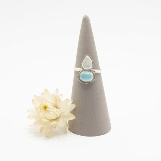 Aqua Chalcedony and Rainbow Moonstone Ring Size 7