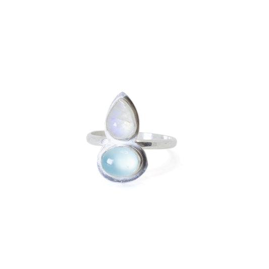 Aqua Chalcedony and Rainbow Moonstone Ring Size 7