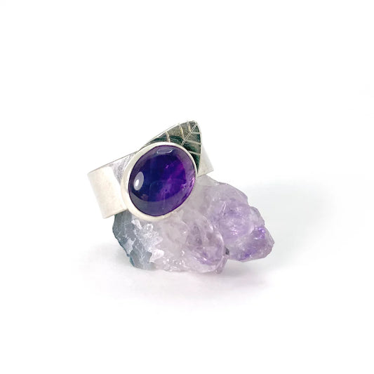 Amethyst and Leaf Wide Band Sterling Silver Ring Size 7